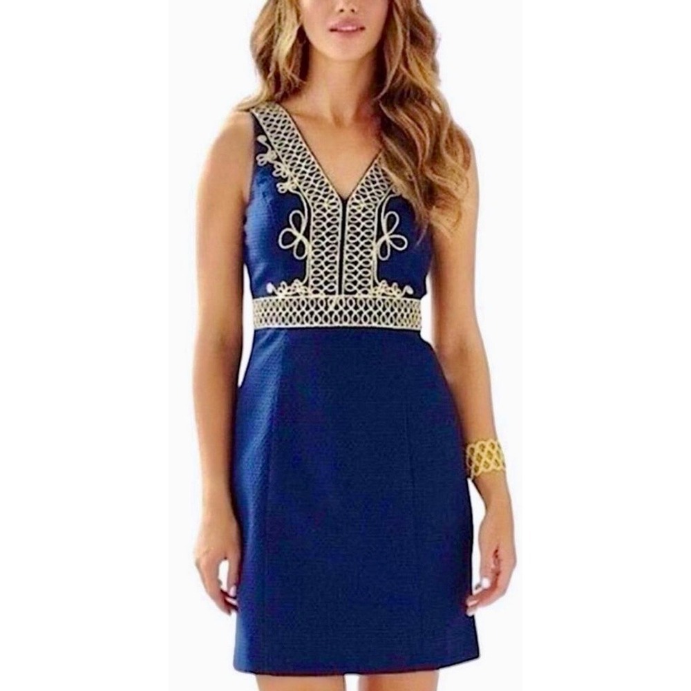 Lilly Pulitzer Navy Blue Gold Soutache Embroidered V-Neck Shift Dress 00